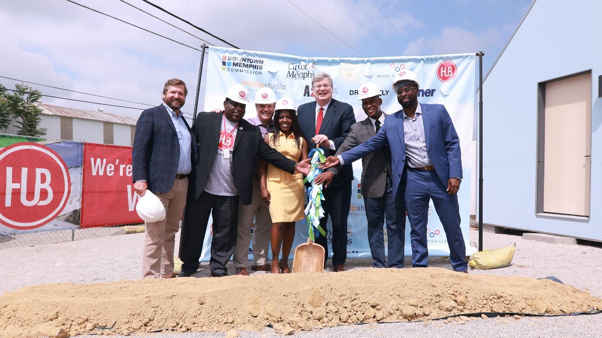From left: City Councilman Chase Carlisle, Hospitality Hub Executive Director Kelcey Johnson, City Council Chairman Frank Colvett Jr., City Councilwoman Michaelyn Easter-Thomas, Memphis Mayor Jim Stickland, Shelby County Commissioner Van Turner, and Downtown Memphis Commission CEO Paul Young break ground at the site of the new Hub Campus.