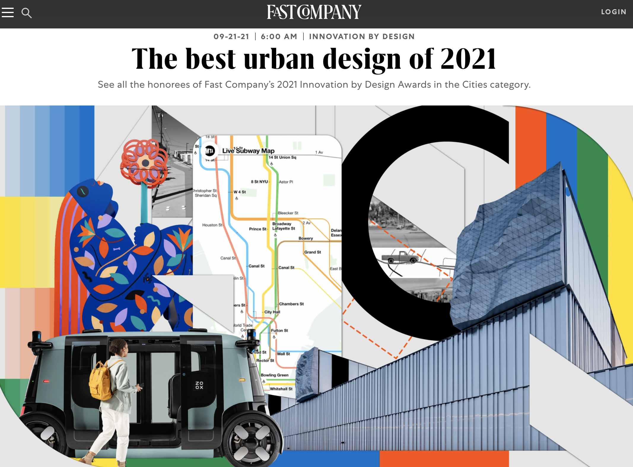 Screenshot of the Fast Company article with a collage of images and headline "The best urban design of 2021"